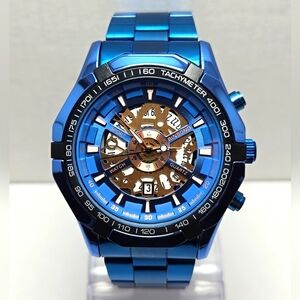 Mens Binbond 46mm Hollow Date Quartz Watch Brillant Blue 30M New Battery